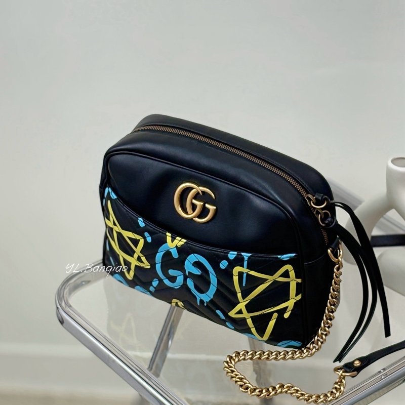 GUCCI Marmont黑牛皮星星塗鴉金扣相機包443499-0