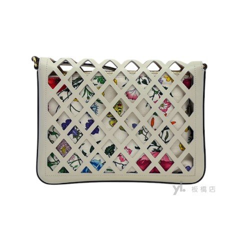 GUCCI 白牛皮簍空花卉帆布下蓋斜背包550138-4