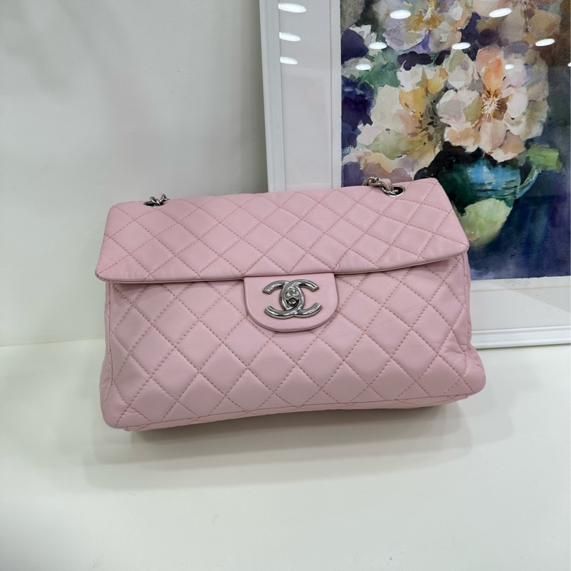 Chanel 香奈兒cf jumbo 大號粉紅色銀扣斜挎包 12開-1