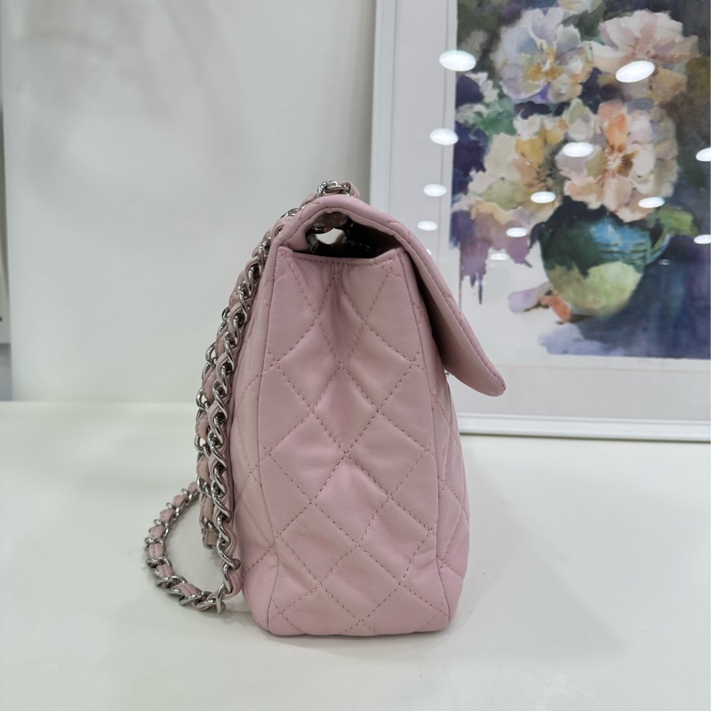 Chanel 香奈兒cf jumbo 大號粉紅色銀扣斜挎包 12開-4