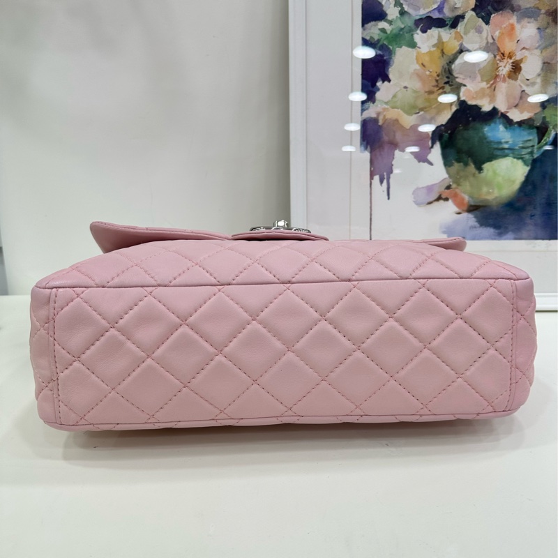 Chanel 香奈兒cf jumbo 大號粉紅色銀扣斜挎包 12開-5