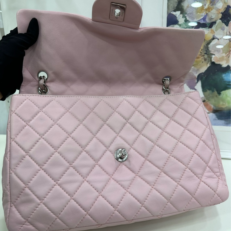 Chanel 香奈兒cf jumbo 大號粉紅色銀扣斜挎包 12開-6