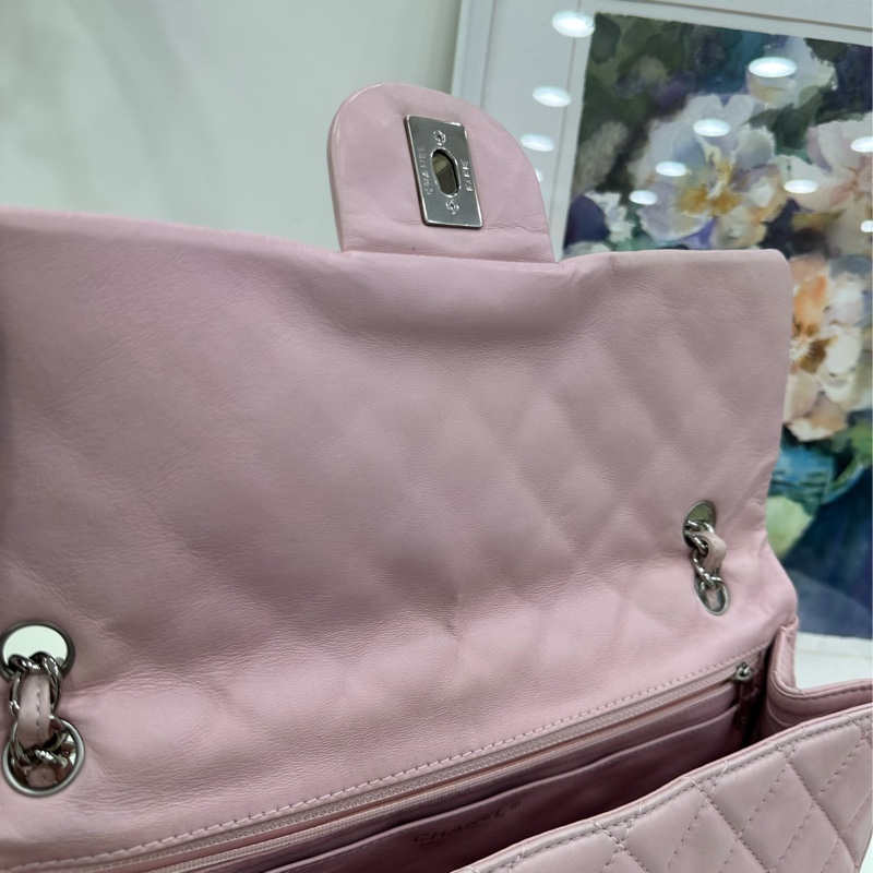 Chanel 香奈兒cf jumbo 大號粉紅色銀扣斜挎包 12開-7