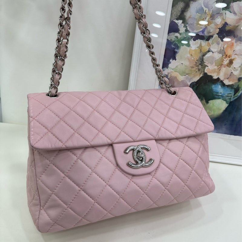 Chanel 香奈兒cf jumbo 大號粉紅色銀扣斜挎包 12開-9