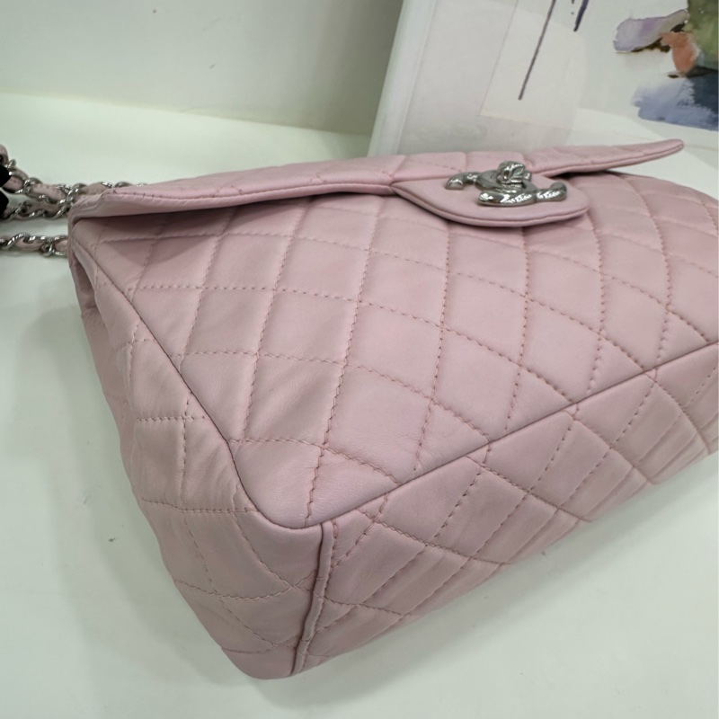 Chanel 香奈兒cf jumbo 大號粉紅色銀扣斜挎包 12開-12