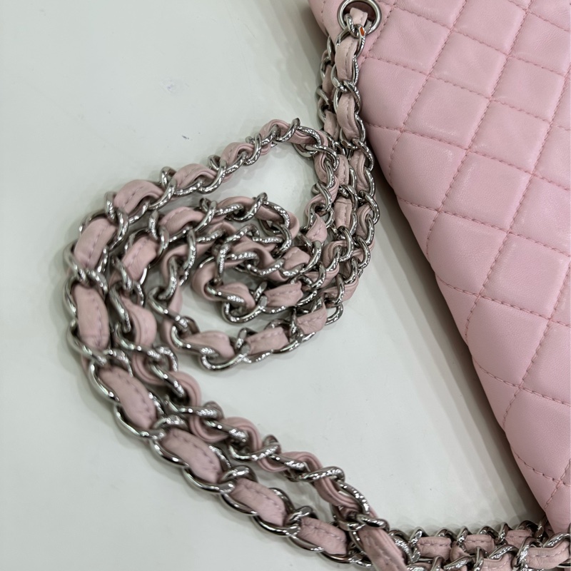 Chanel 香奈兒cf jumbo 大號粉紅色銀扣斜挎包 12開-16