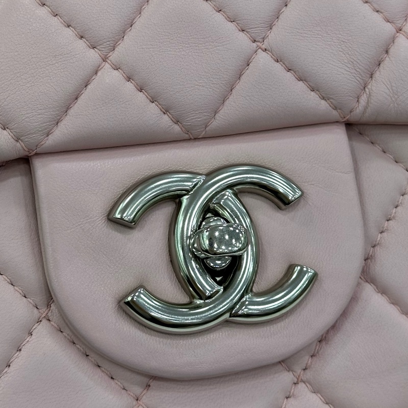 Chanel 香奈兒cf jumbo 大號粉紅色銀扣斜挎包 12開-17