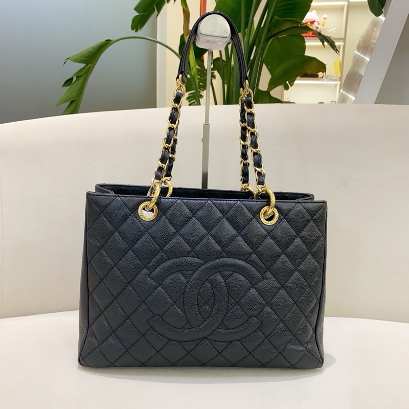 Chanel香奈兒 GST 黑金荔枝紋牛皮托特鏈條包-6