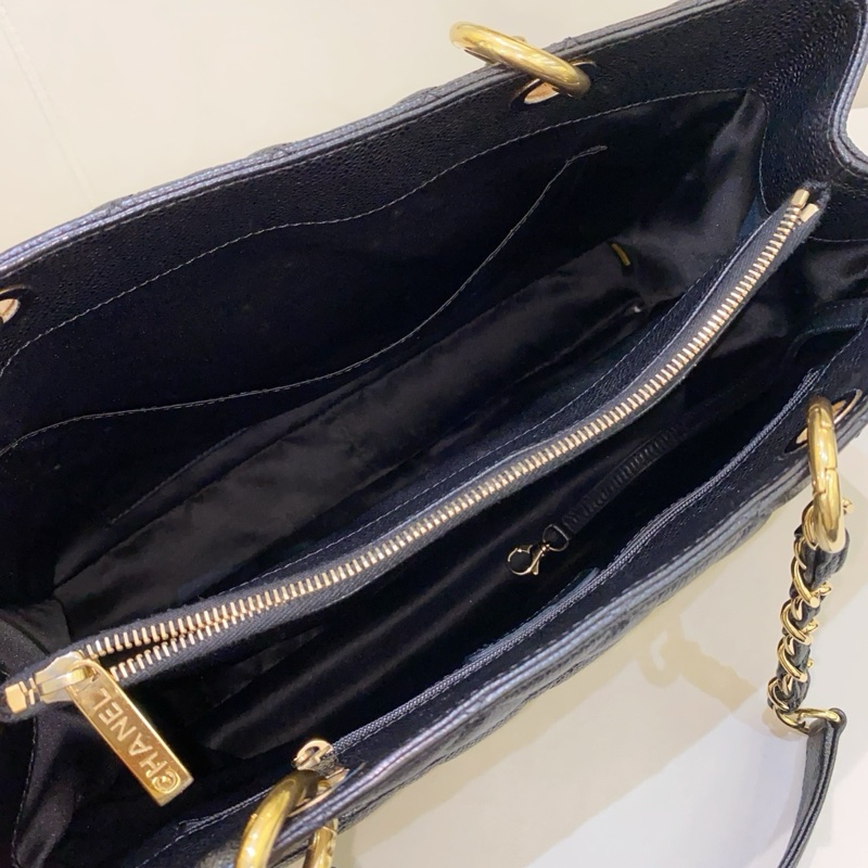 Chanel香奈兒 GST 黑金荔枝紋牛皮托特鏈條包-9