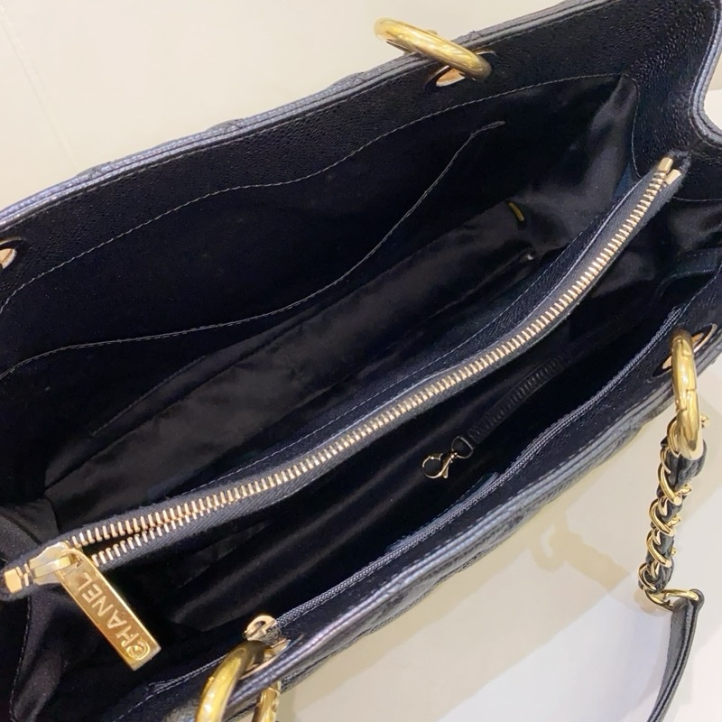 Chanel香奈兒 GST 黑金荔枝紋牛皮托特鏈條包-13