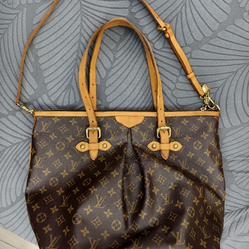 LV LOUIS VUITTON Palermo GM M40146 老花 原花皺褶拉鍊手提肩背包-6