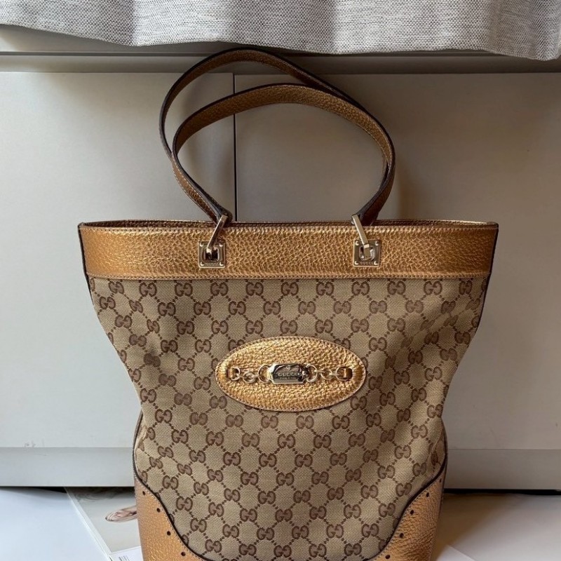 Gucci 古銅金皮革邊GGlogo布托特包-0