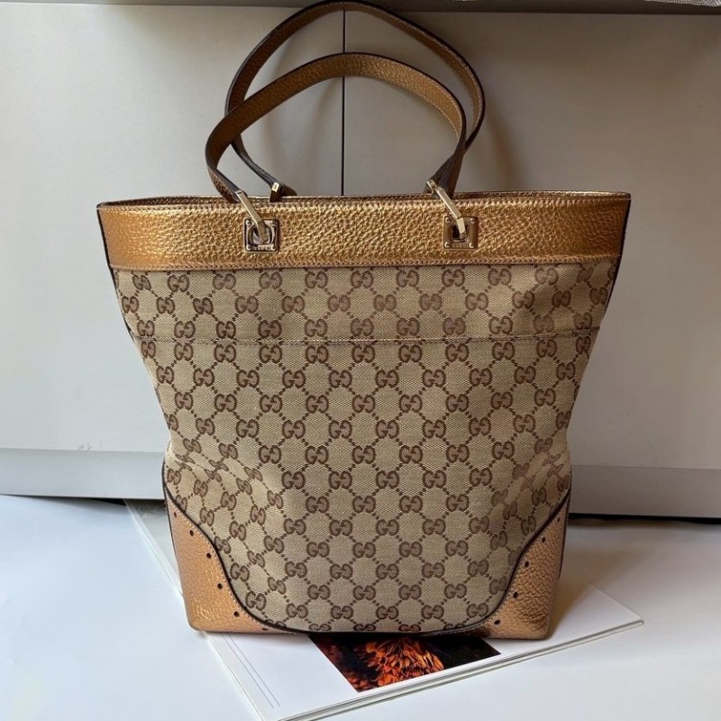 Gucci 古銅金皮革邊GGlogo布托特包-1