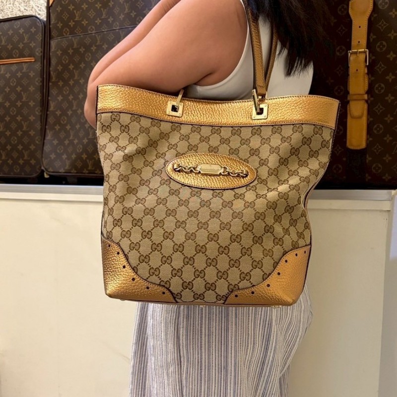 Gucci 古銅金皮革邊GGlogo布托特包-2
