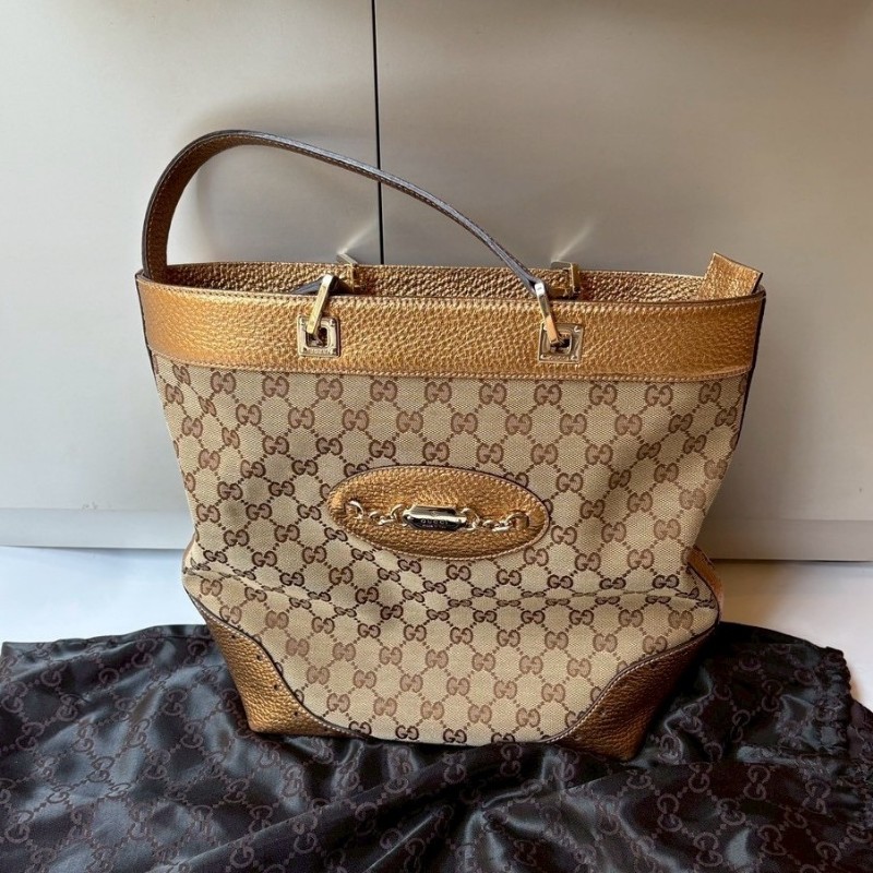 Gucci 古銅金皮革邊GGlogo布托特包-3