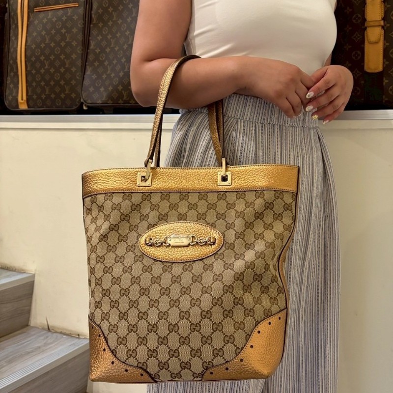 Gucci 古銅金皮革邊GGlogo布托特包-4