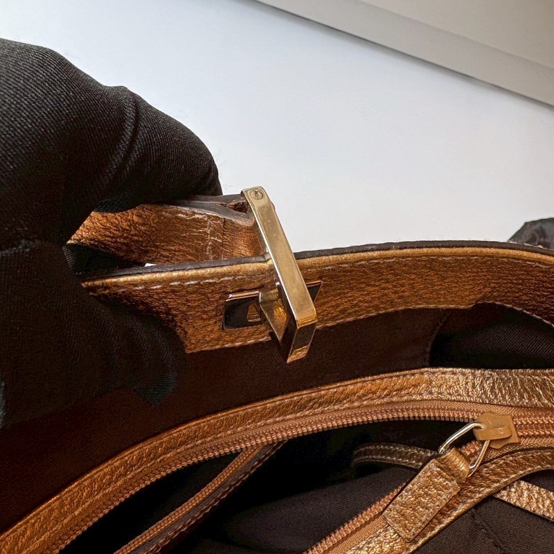 Gucci 古銅金皮革邊GGlogo布托特包-8