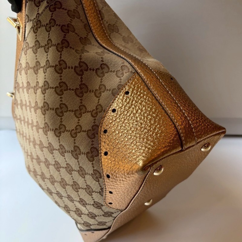 Gucci 古銅金皮革邊GGlogo布托特包-9
