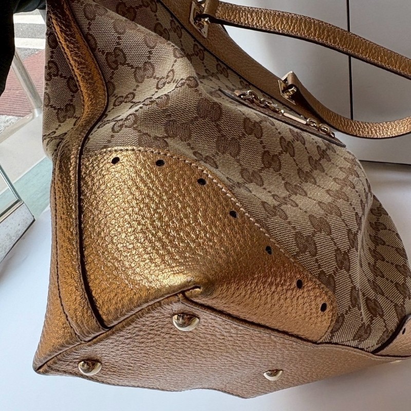 Gucci 古銅金皮革邊GGlogo布托特包-10