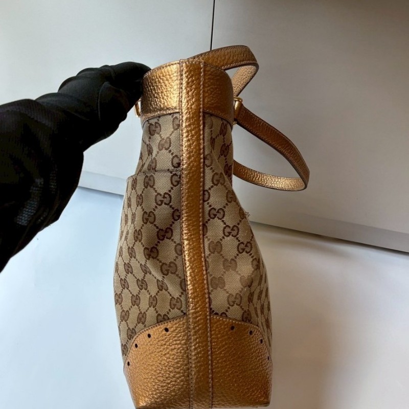 Gucci 古銅金皮革邊GGlogo布托特包-11