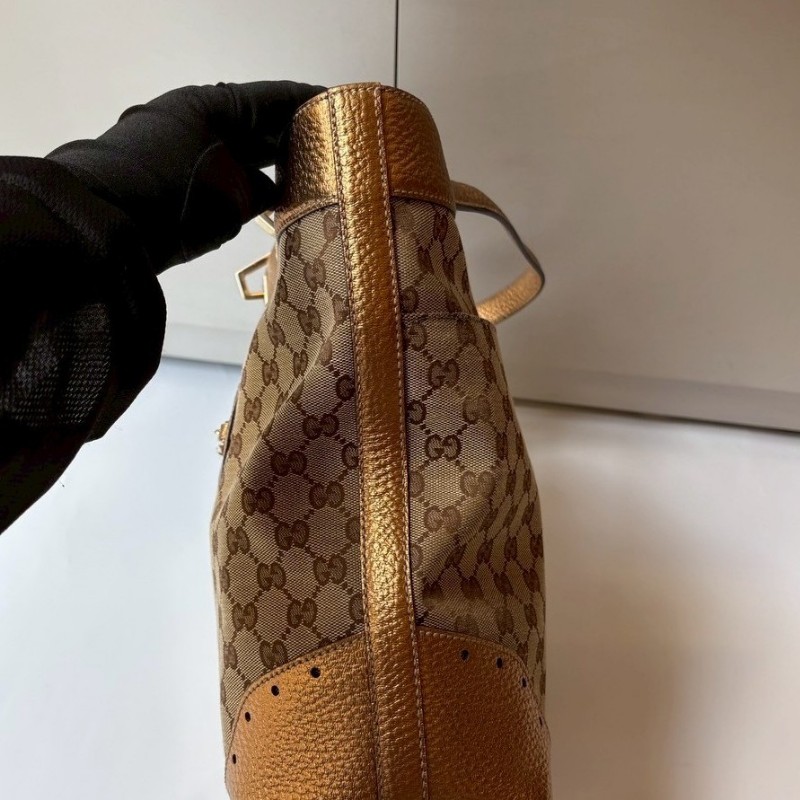 Gucci 古銅金皮革邊GGlogo布托特包-12
