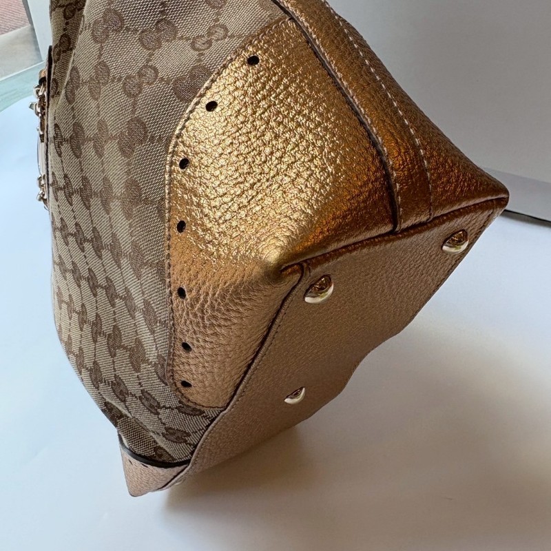 Gucci 古銅金皮革邊GGlogo布托特包-13