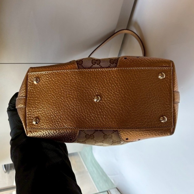 Gucci 古銅金皮革邊GGlogo布托特包-14
