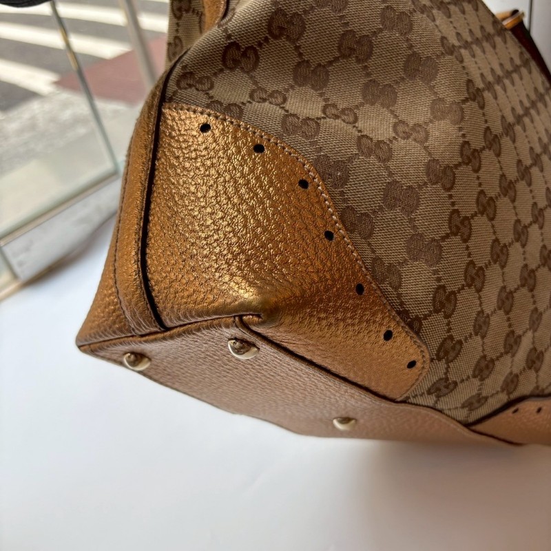 Gucci 古銅金皮革邊GGlogo布托特包-15