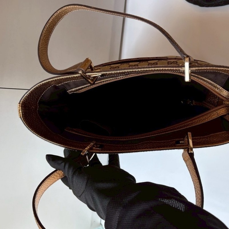 Gucci 古銅金皮革邊GGlogo布托特包-17