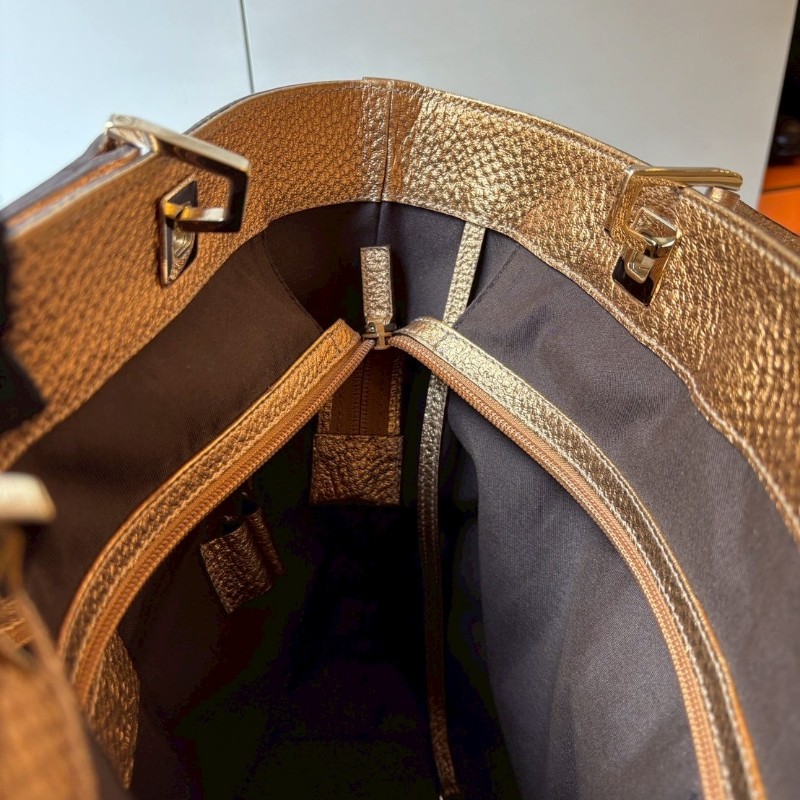 Gucci 古銅金皮革邊GGlogo布托特包-19