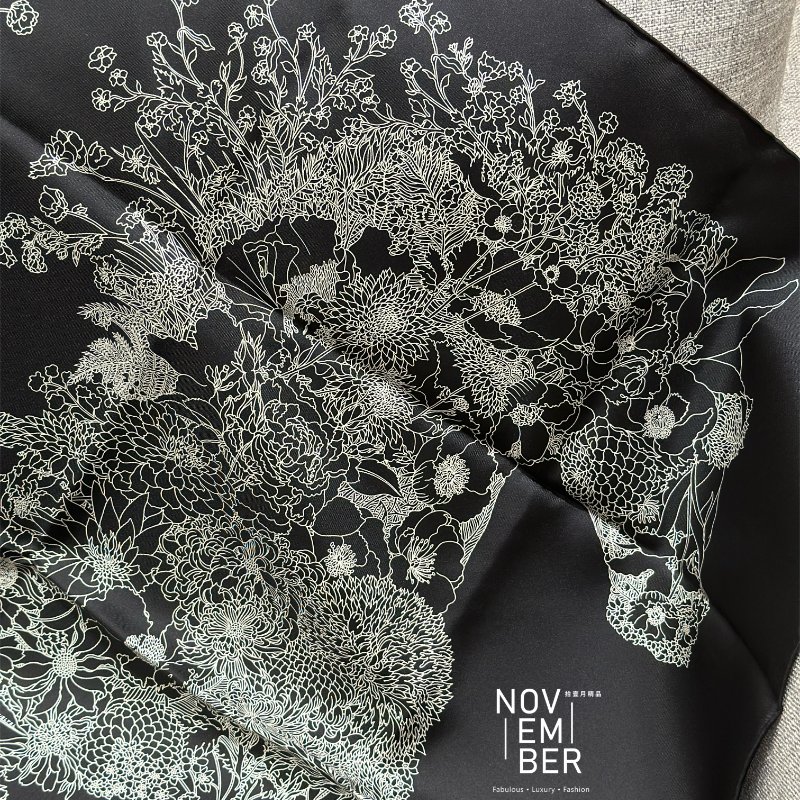全新 Hermes 愛馬仕 輕揚花衣絲巾 黑色-2