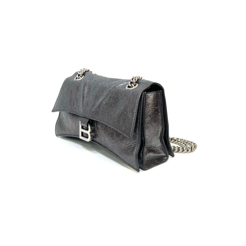 Balenciaga 金屬灰復刻牛皮銀釦下蓋Crush小款肩斜背鏈包716351-2