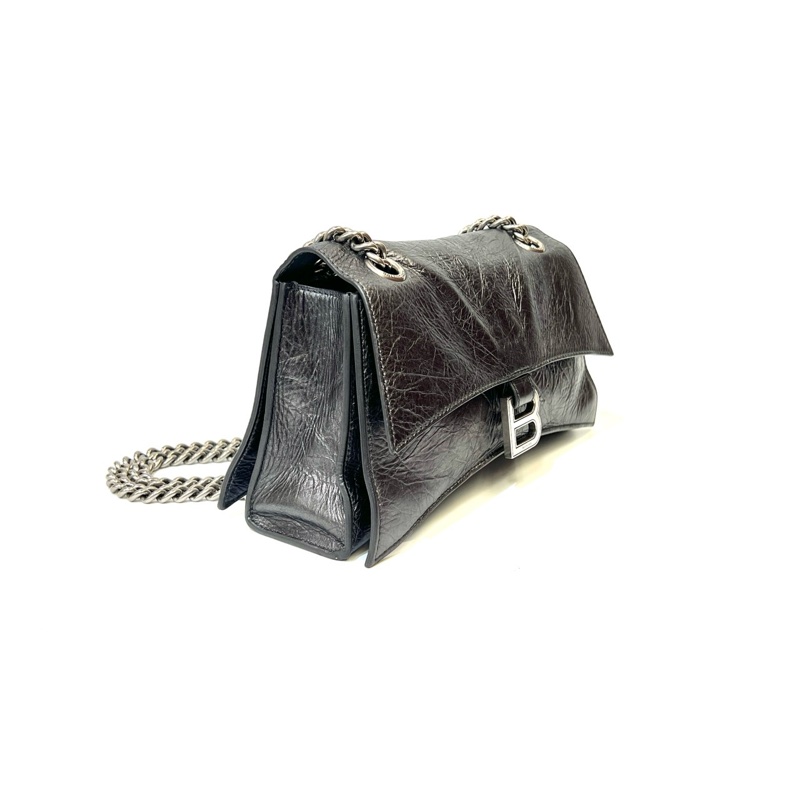 Balenciaga 金屬灰復刻牛皮銀釦下蓋Crush小款肩斜背鏈包716351-3