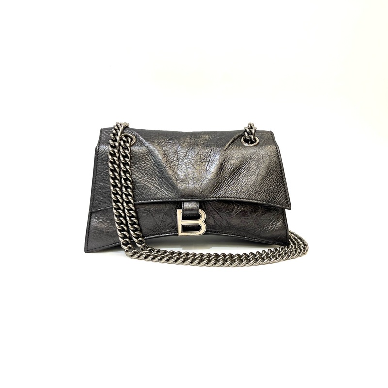 Balenciaga 金屬灰復刻牛皮銀釦下蓋Crush小款肩斜背鏈包716351-8