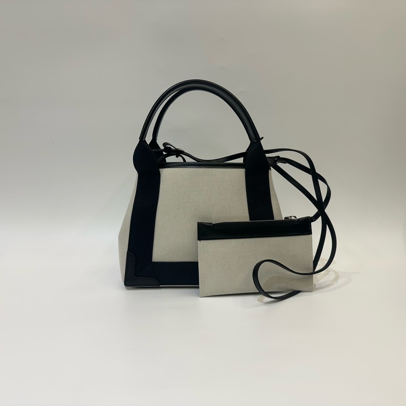 Balenciaga 米帆布拚黑牛皮銀釦Navy Cabas XS手提斜背包-1