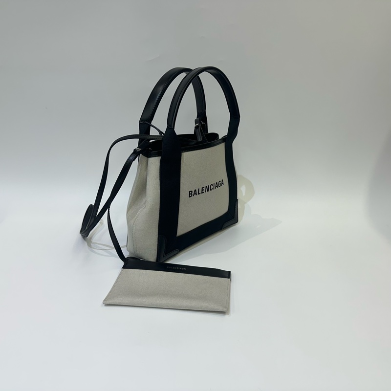 Balenciaga 米帆布拚黑牛皮銀釦Navy Cabas XS手提斜背包-2