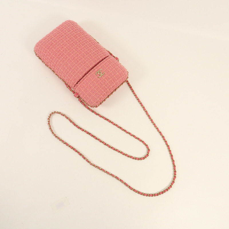 CHANEL 斜紋軟呢Phone Bag金扣鏈帶肩背袋-9