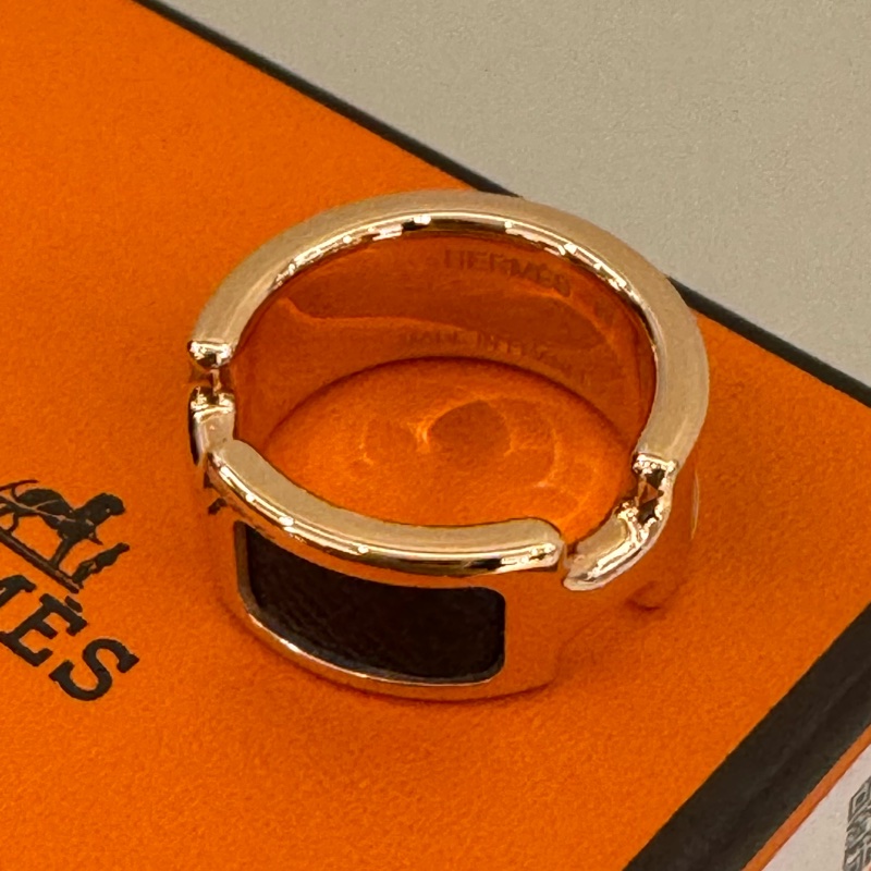 Hermes黑皮革玫瑰金雙H戒指💍-11