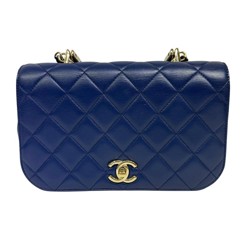【美收精品】CHANEL 藍色菱格紋金手把肩背包 4-15-0