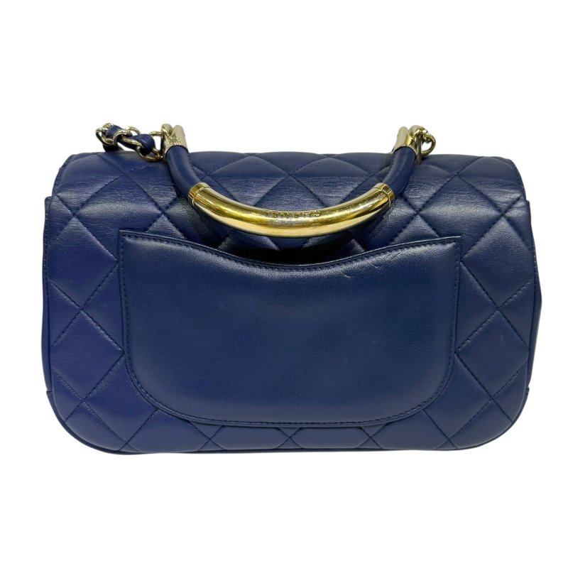 【美收精品】CHANEL 藍色菱格紋金手把肩背包 4-15-1