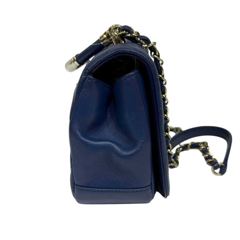 【美收精品】CHANEL 藍色菱格紋金手把肩背包 4-15-2