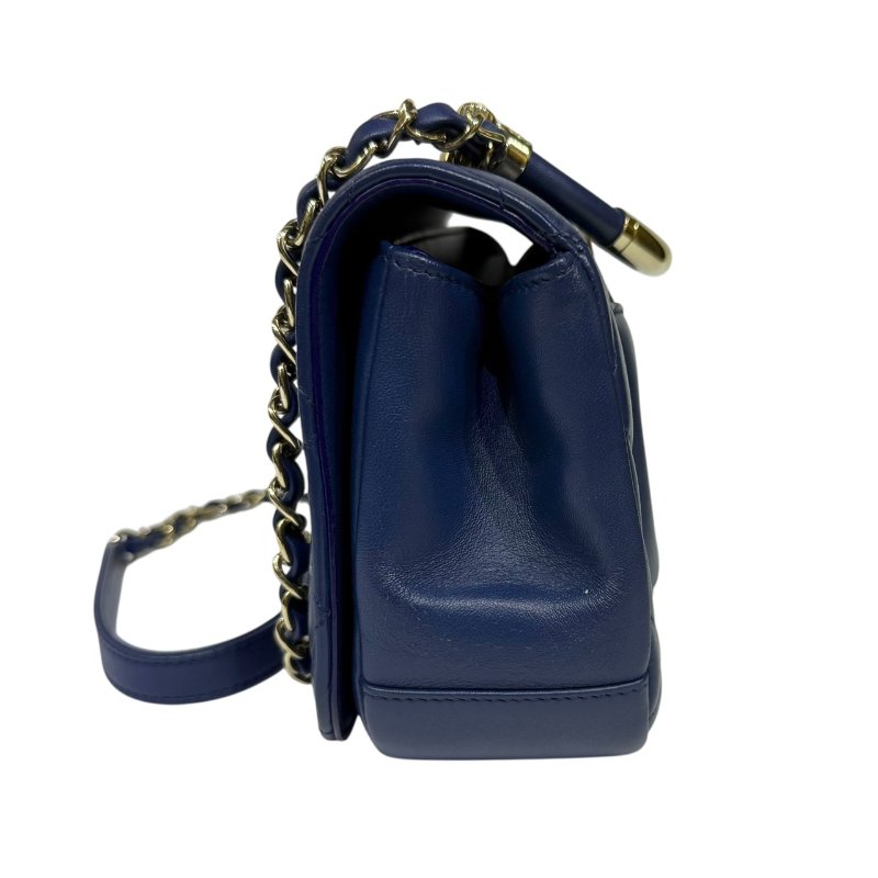 【美收精品】CHANEL 藍色菱格紋金手把肩背包 4-15-3