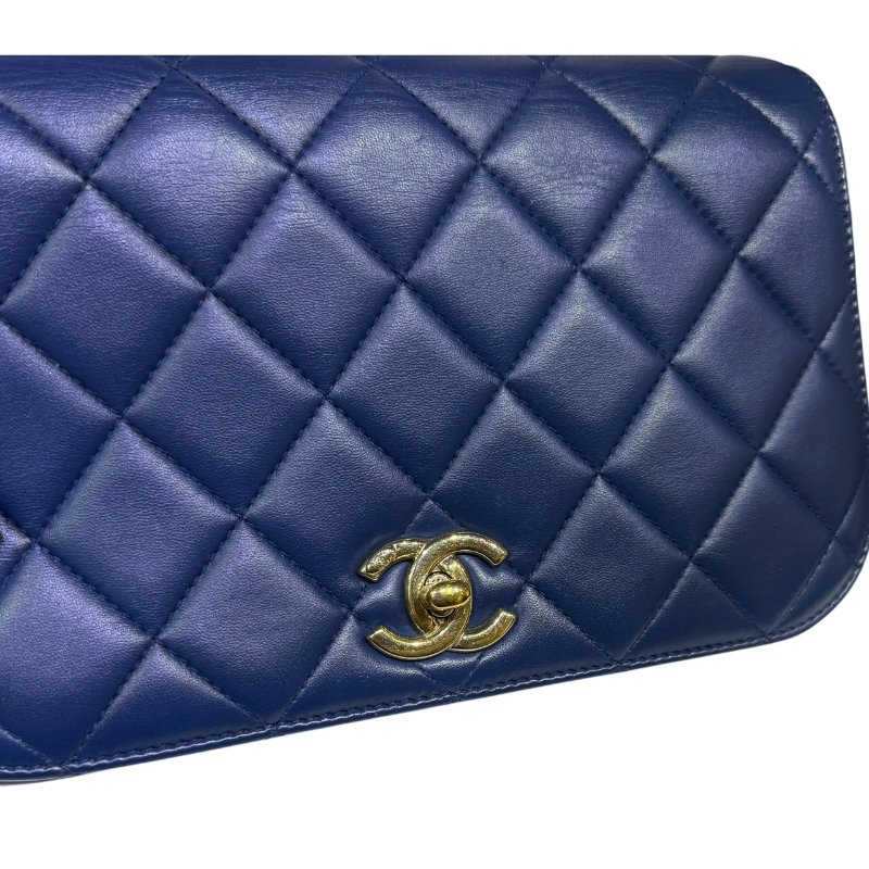 【美收精品】CHANEL 藍色菱格紋金手把肩背包 4-15-8