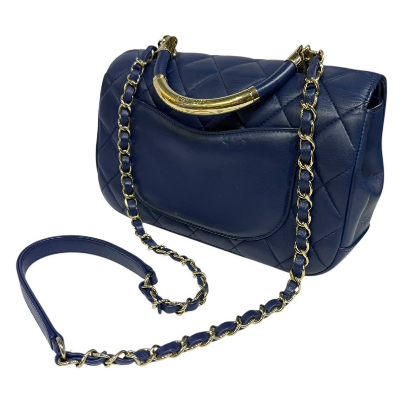 【美收精品】CHANEL 藍色菱格紋金手把肩背包 4-15-10
