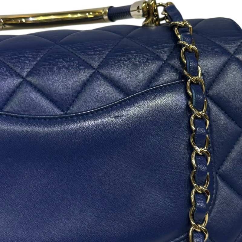【美收精品】CHANEL 藍色菱格紋金手把肩背包 4-15-11