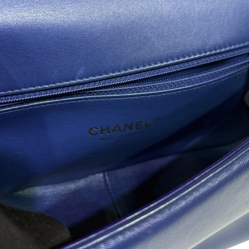 【美收精品】CHANEL 藍色菱格紋金手把肩背包 4-15-15