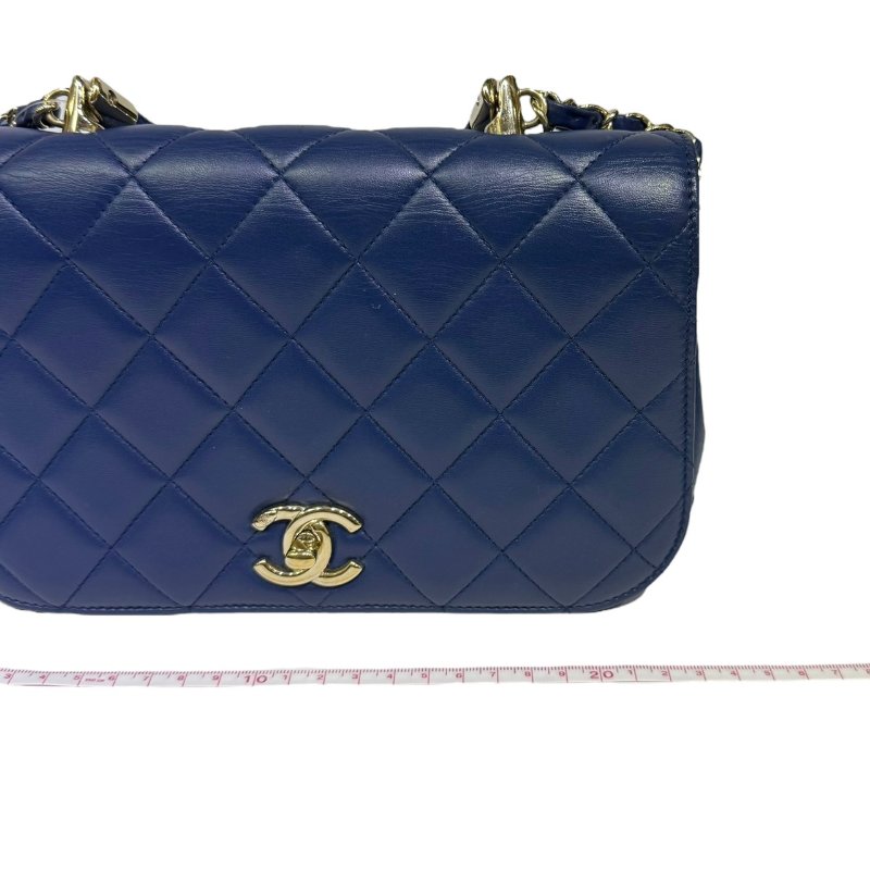 【美收精品】CHANEL 藍色菱格紋金手把肩背包 4-15-16
