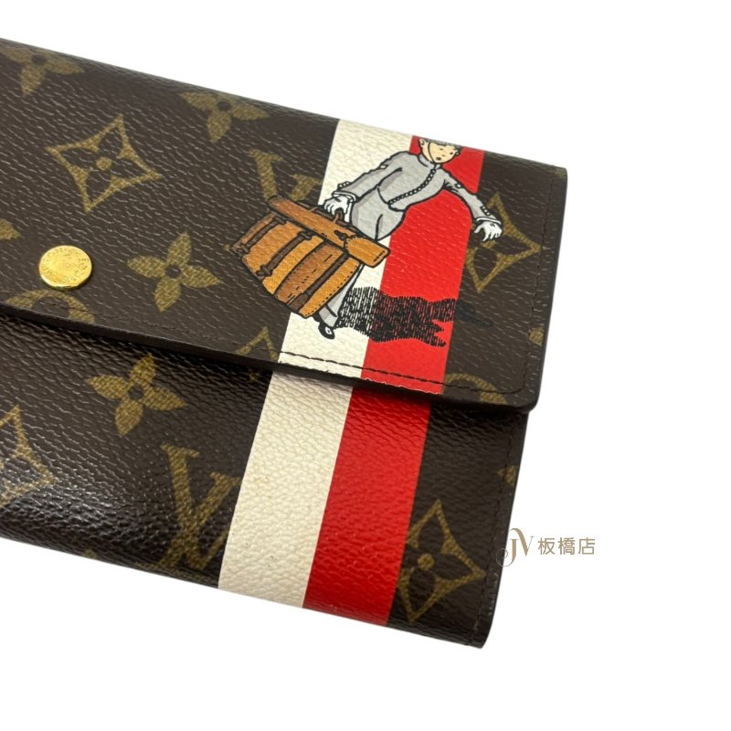 LV原花拼紅白條紋門僮系列插畫下蓋長夾-5