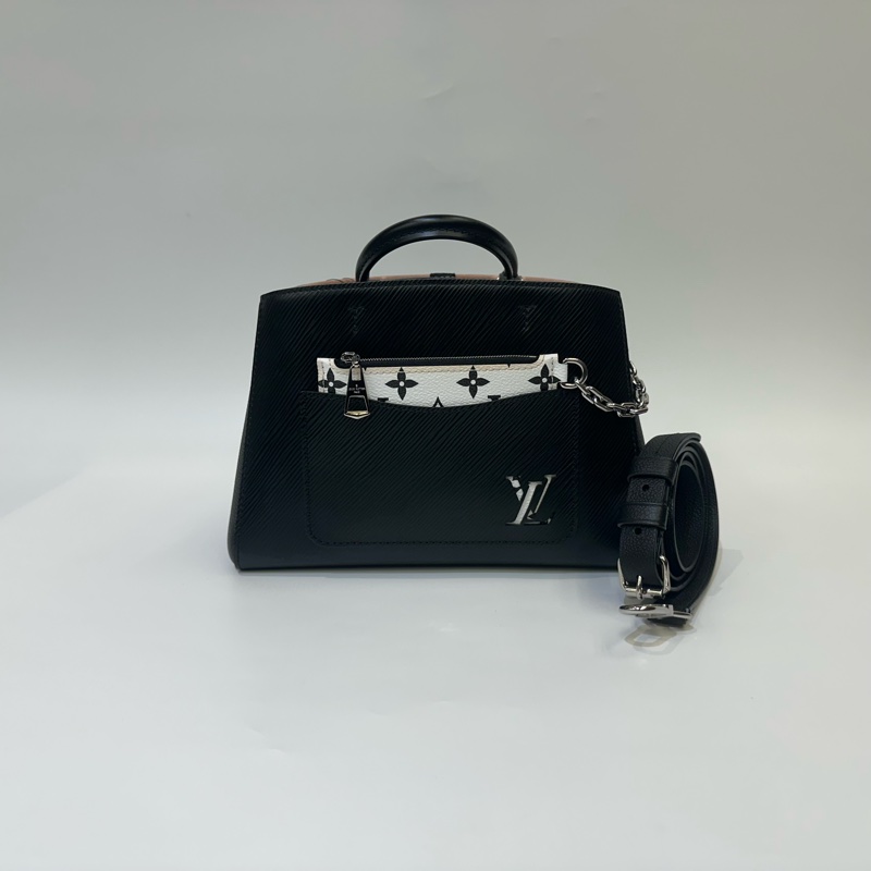 LV 黑Epi銀釦Marelle Tote BB前口袋二合一手提斜背包M59952-0