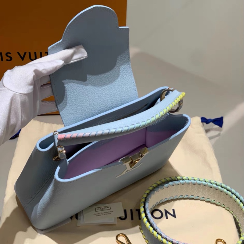 99新 🌈LV Capucines BB 芯片款 baby粉蓝彩虹编织限量 马卡龙配色-3